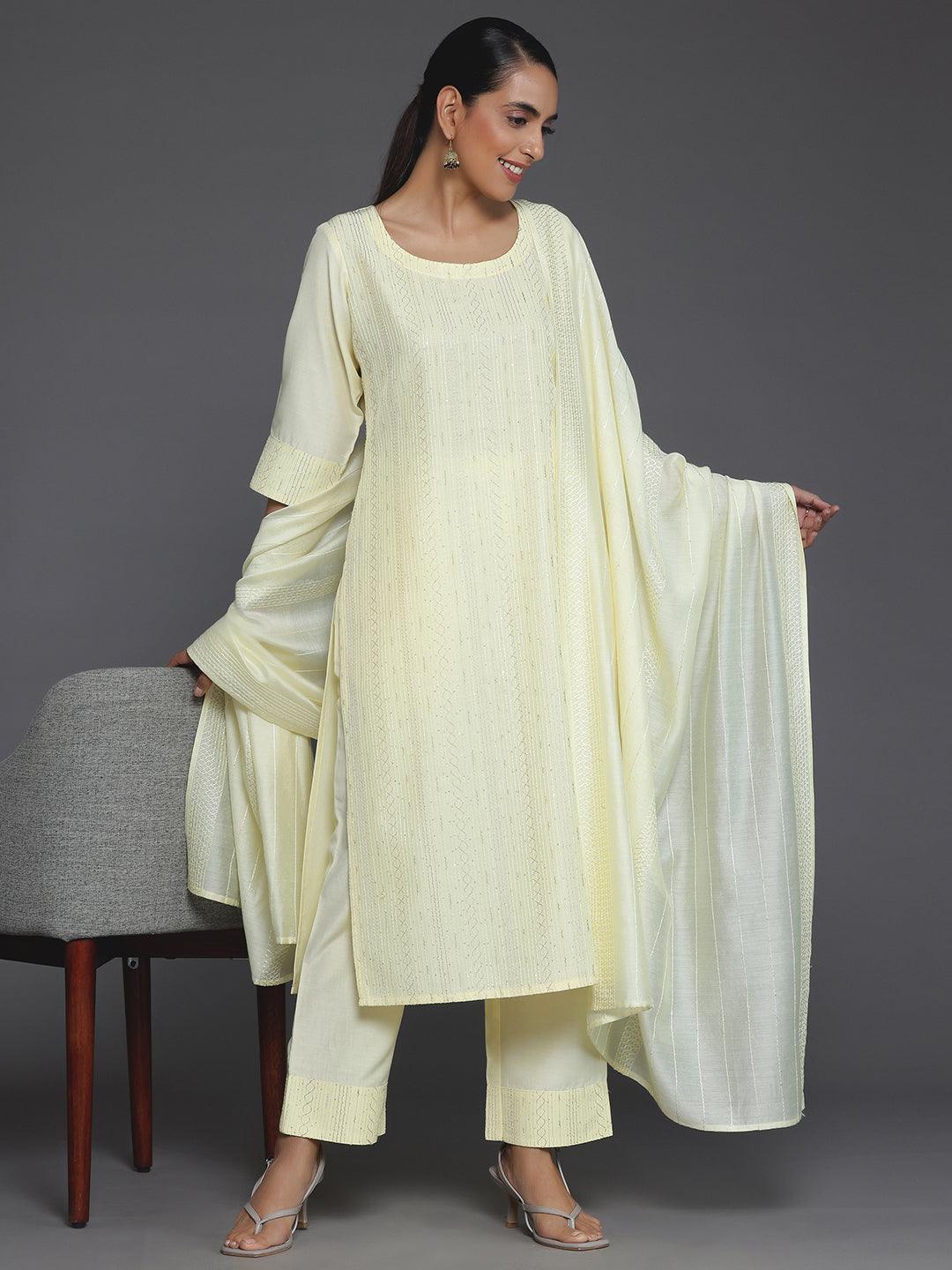 Yellow Self Design Silk Blend Straight Suit With Dupatta - Libas