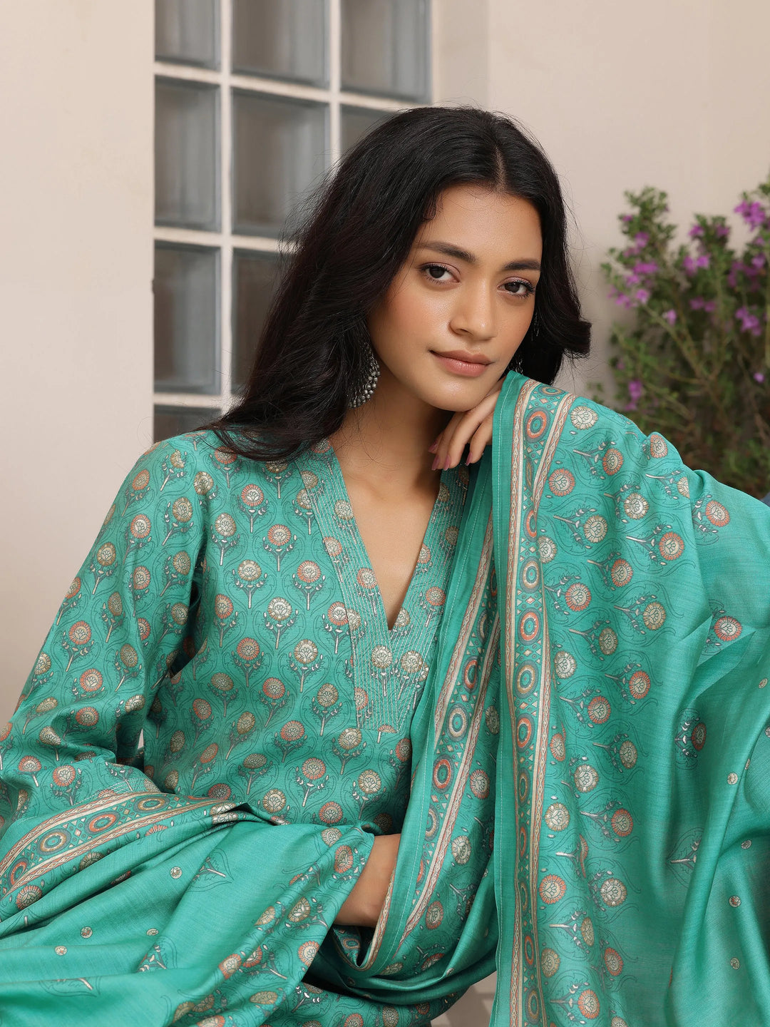  Blue Printed Silk Blend Straight Suit With Dupatta 