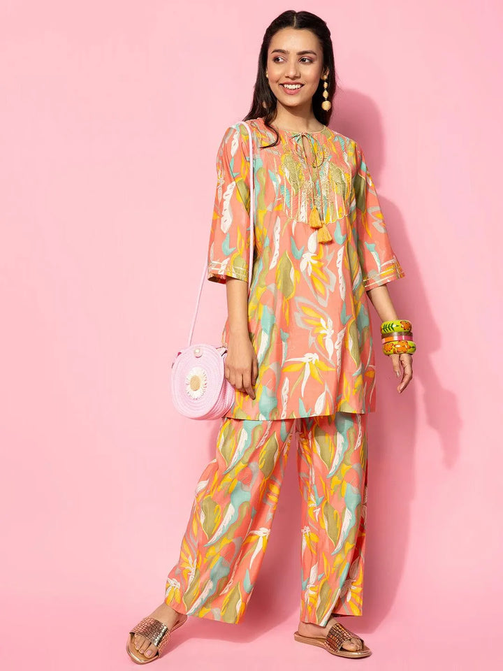 Coral Printed Silk Blend Co-Ords - Libas