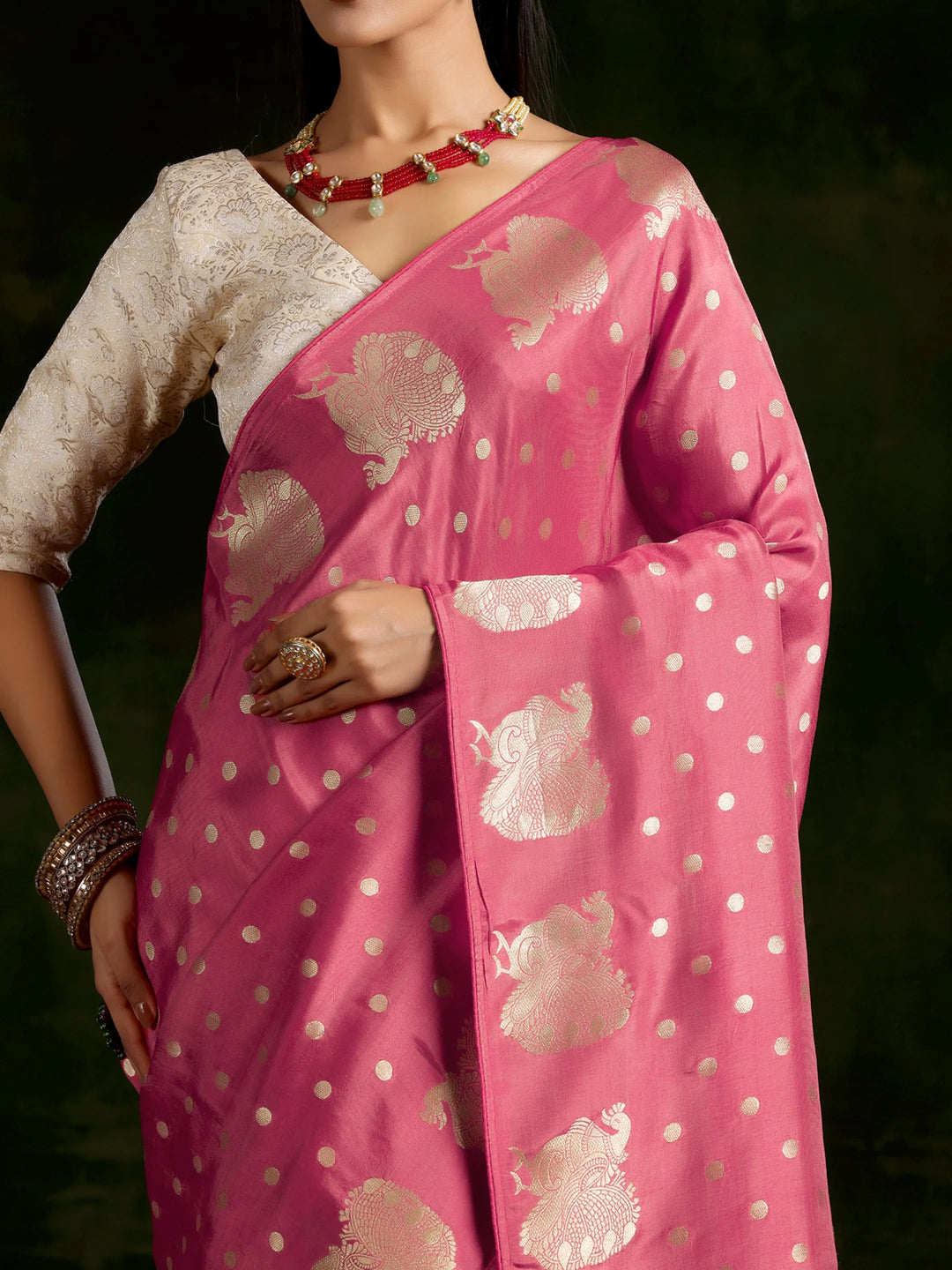  Pink Woven Design Silk Blend Saree With Unstitched Blouse Piece 