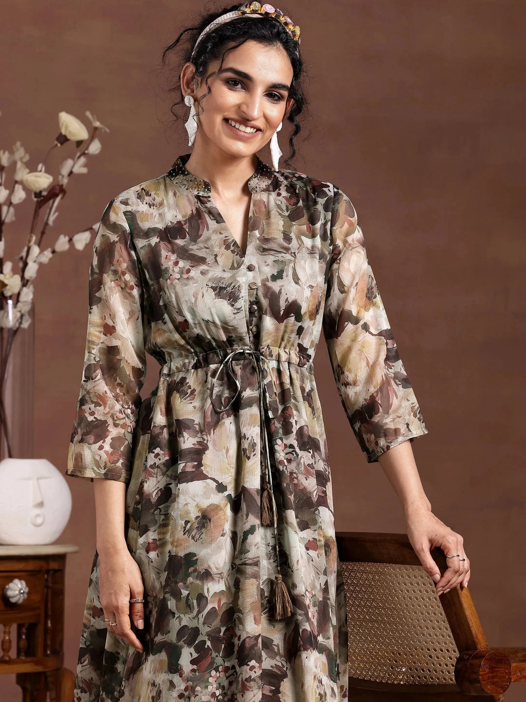  Green Printed Chiffon A-Line Dress With Belt 