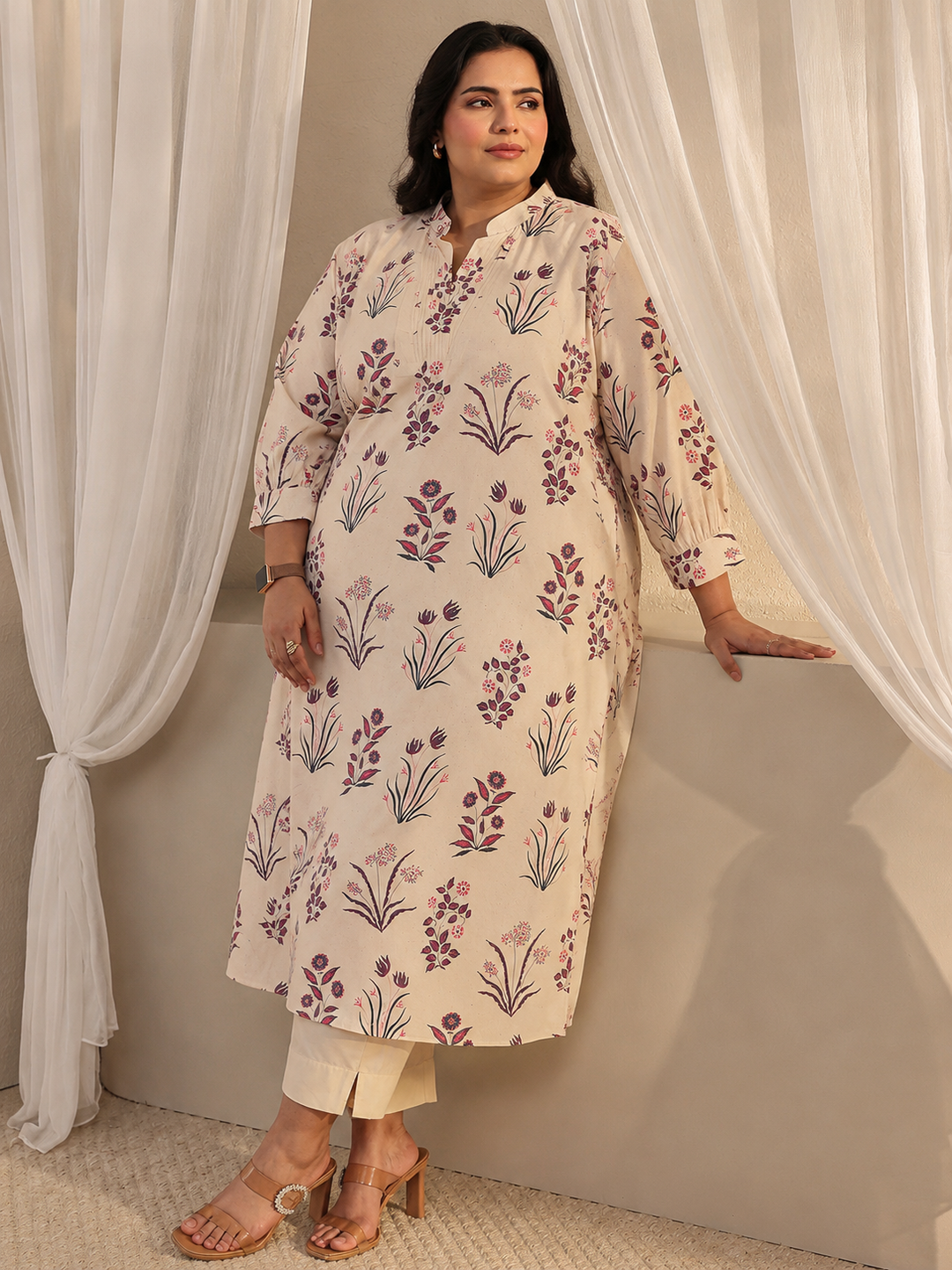  Plus Size Off White Floral Printed Cotton A-Line Kurta 