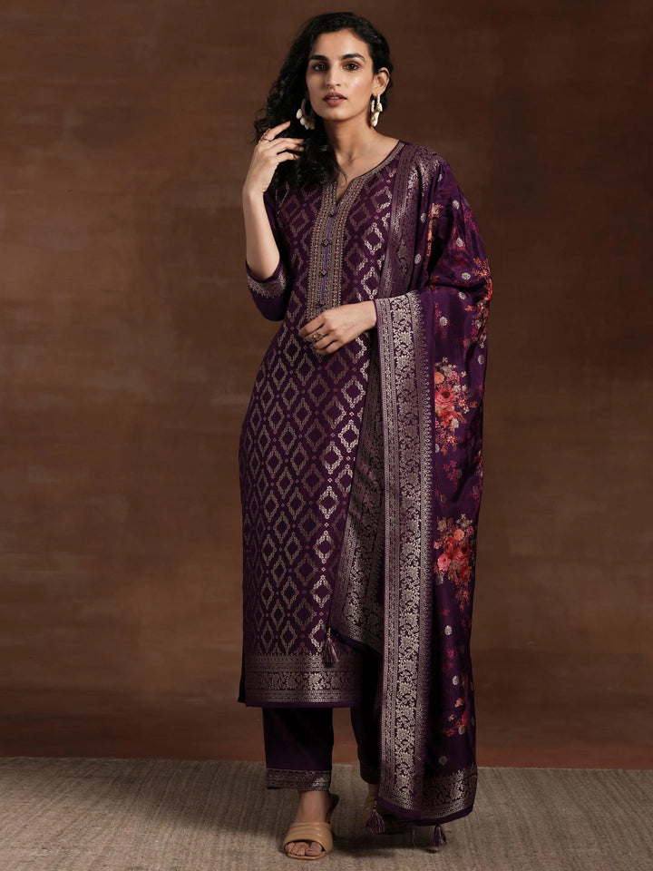 Purple Woven Design Silk Blend Straight Suit With Dupatta - Libas