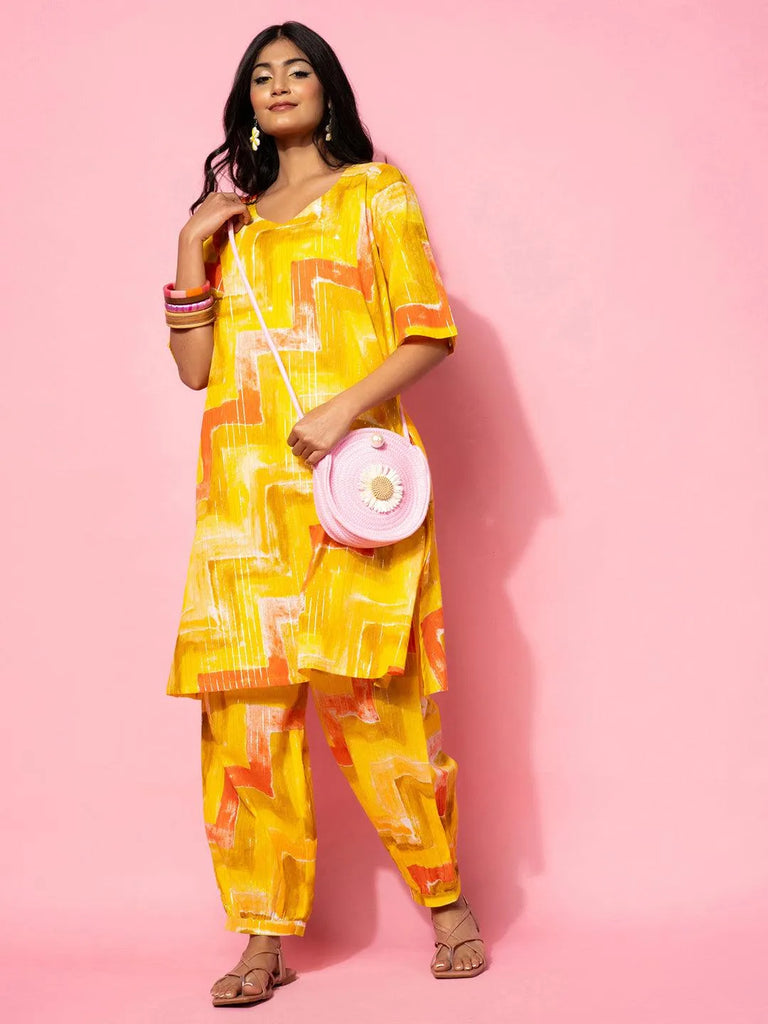 Gerua Yellow Printed Cotton Blend Co-Ords
