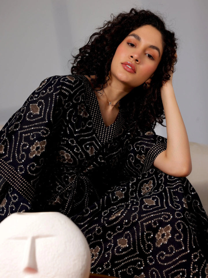 Black Printed Cotton Kaftan Night Dress - Libas