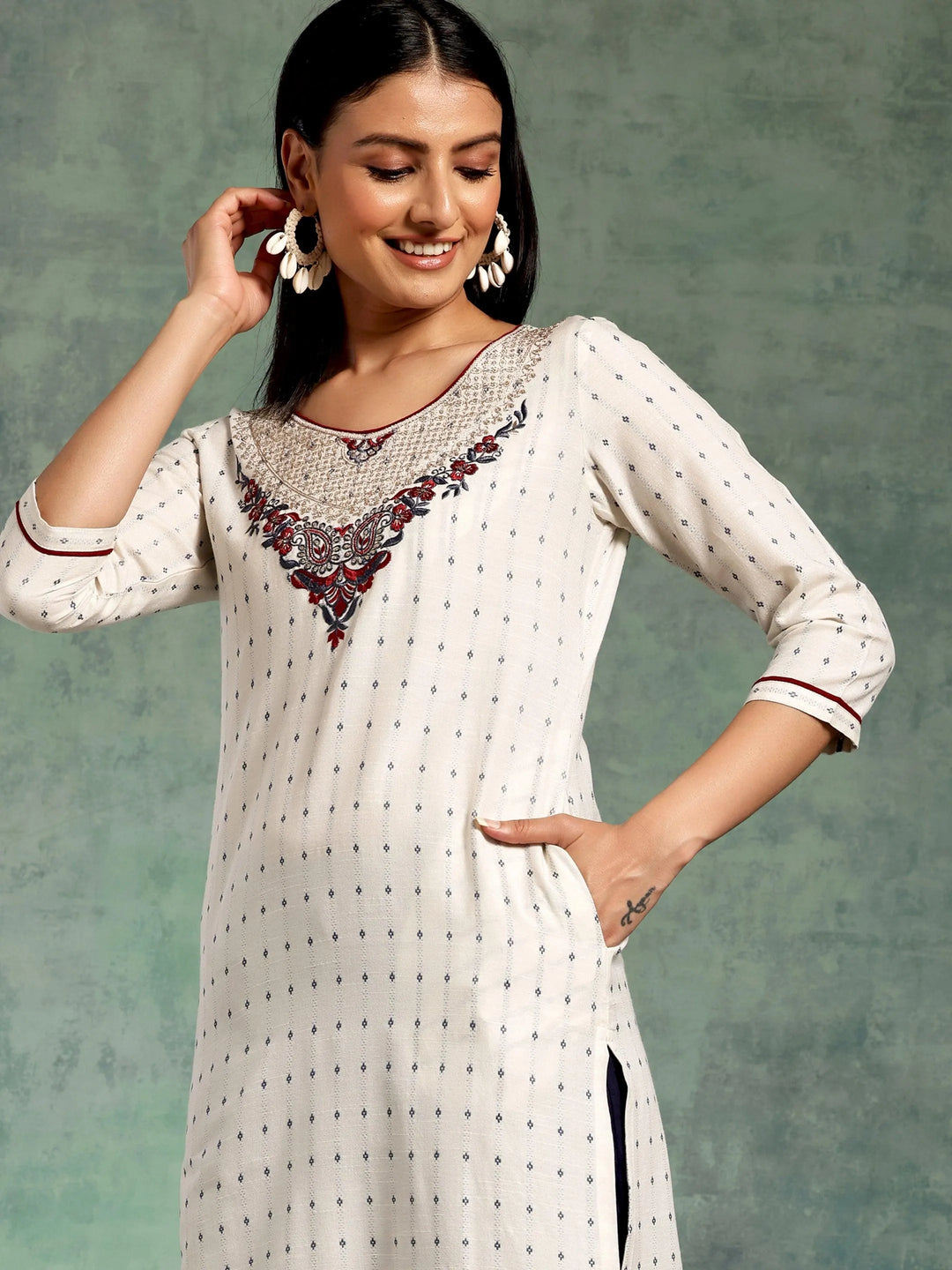 Off White Yoke Design Cotton Straight Kurta - Libas 