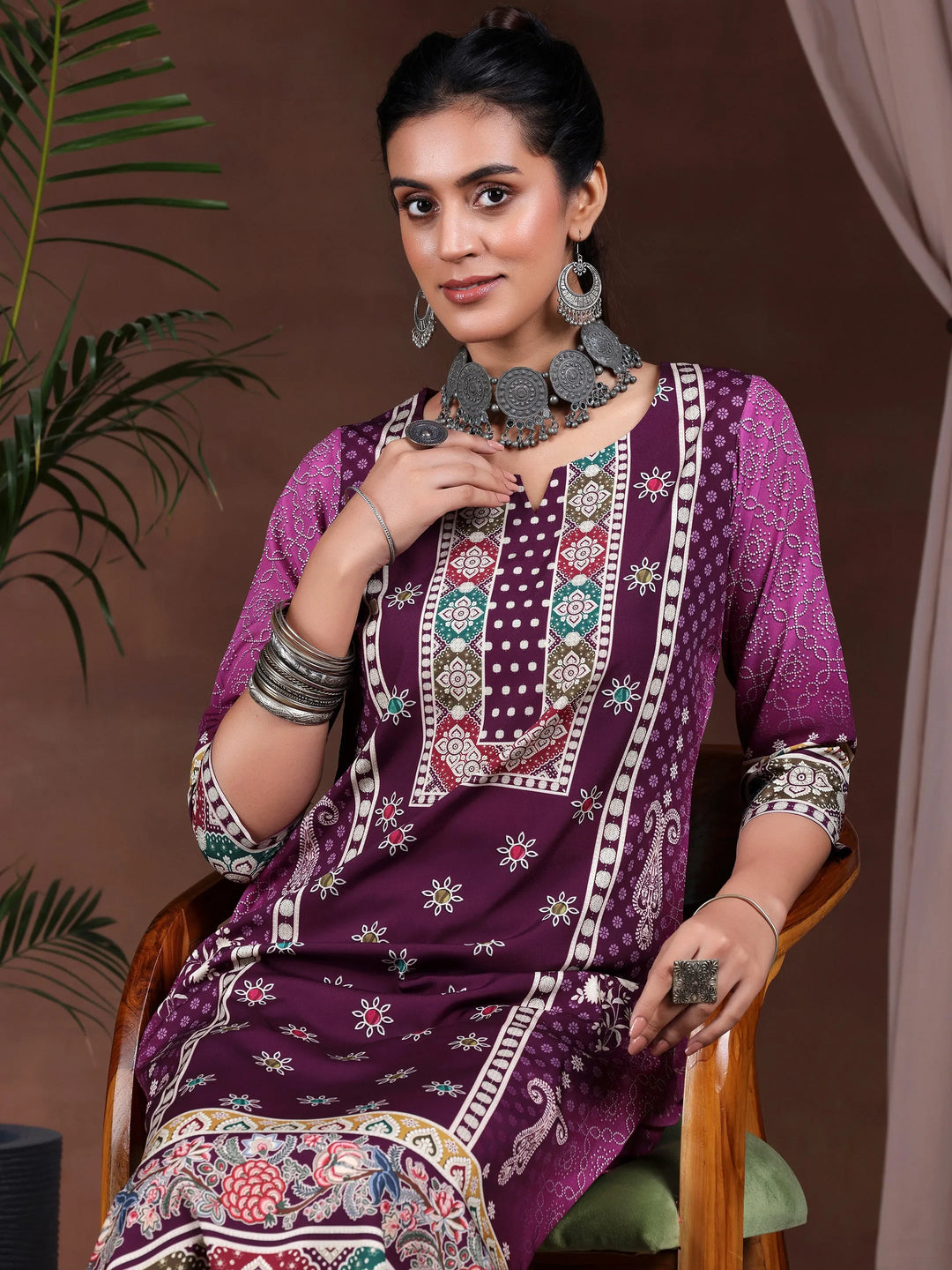  Wine Printed Poly Crepe Straight Kurta Set 