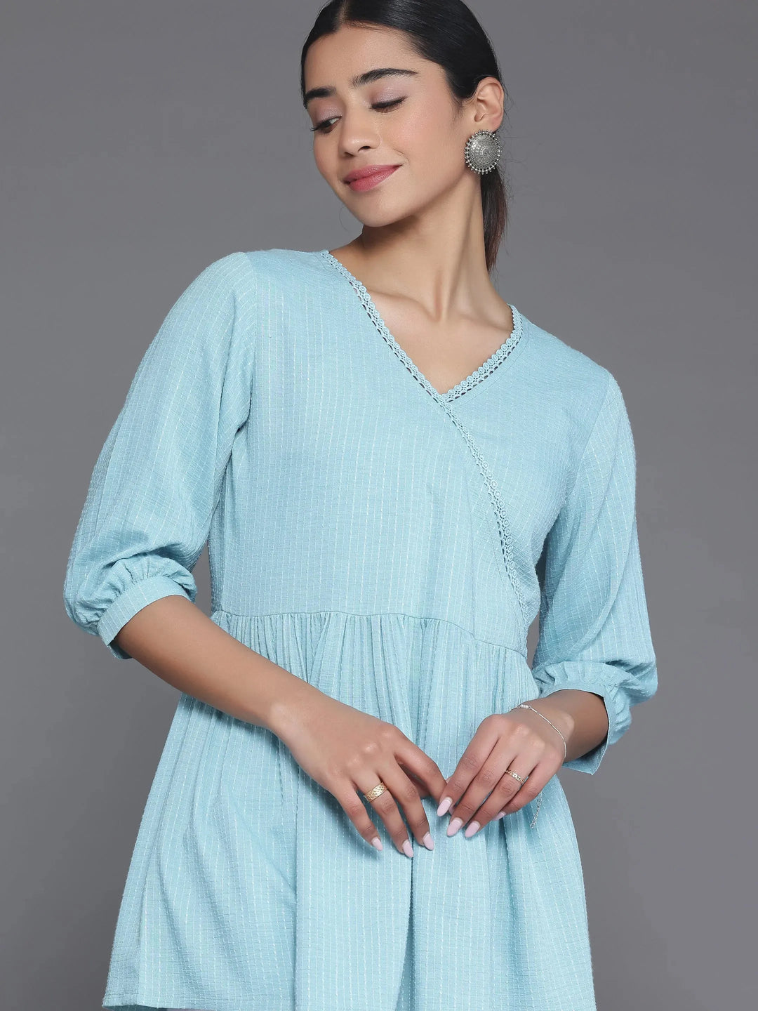  Blue Woven Design Cotton Blend A-Line Kurti 