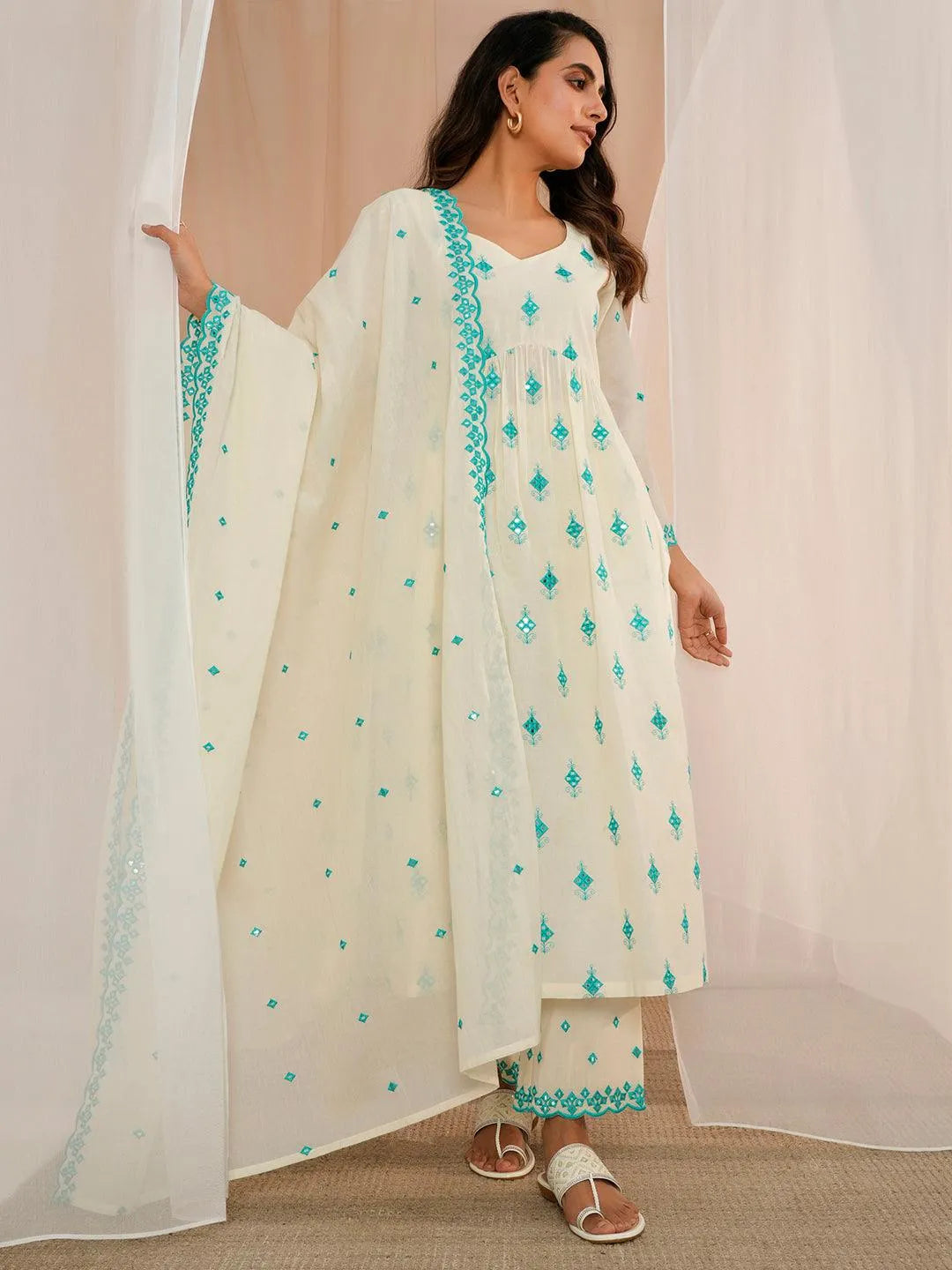  Off White Embroidered Cotton Anarkali Suit With Dupatta 