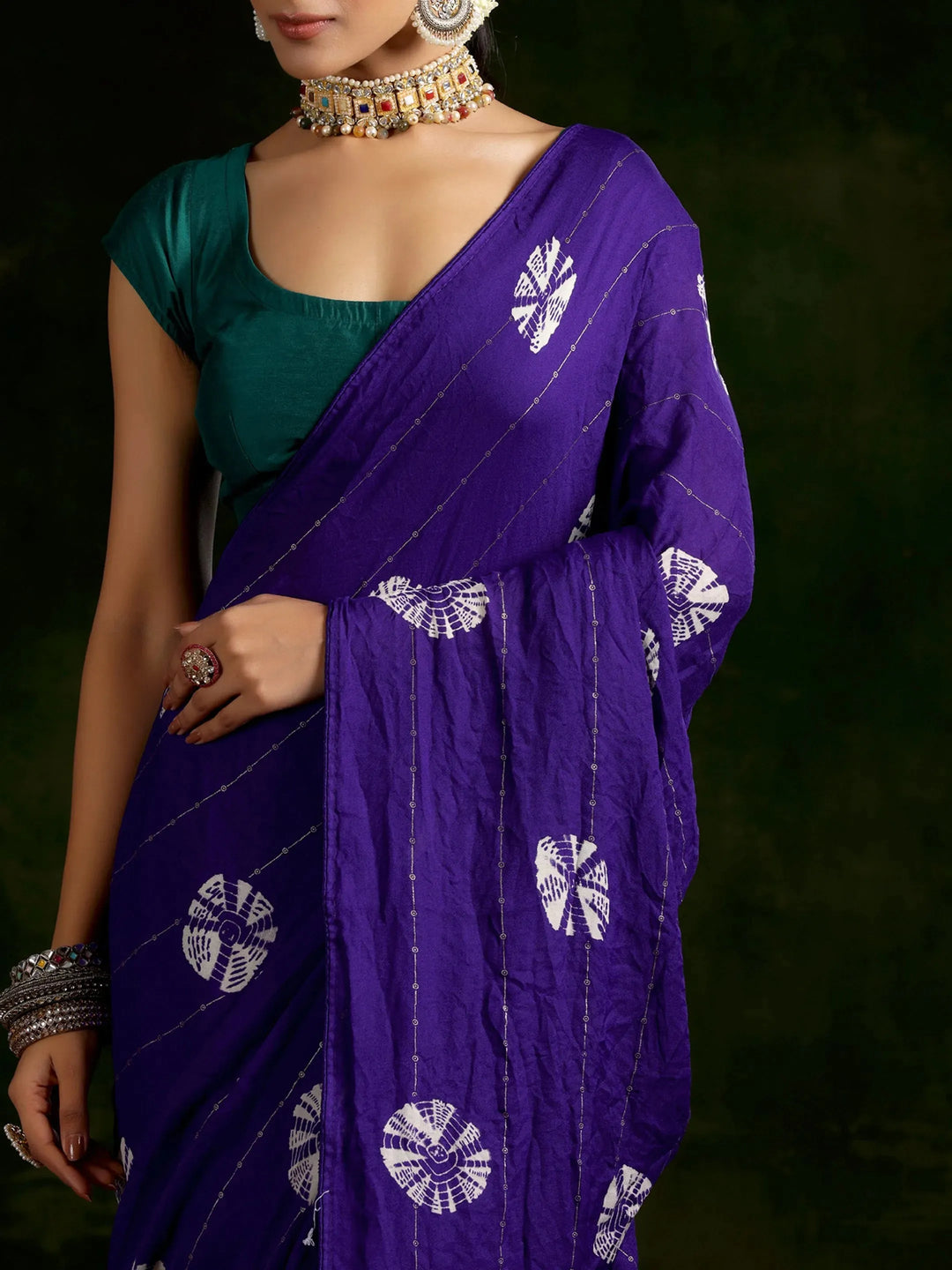  Purple Printed Poly Chiffon Saree With Unstitched Blouse Piece 