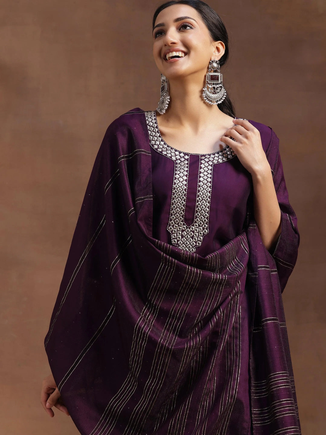 Purple Embroidered Silk Blend Straight Suit With Dupatta - Libas