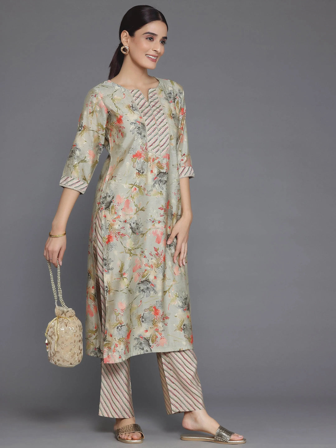  Grey Printed Silk Blend Straight Kurta Set 