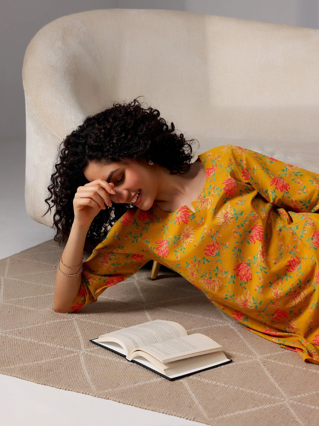 Mustard Printed Cotton Night Suits - Libas 