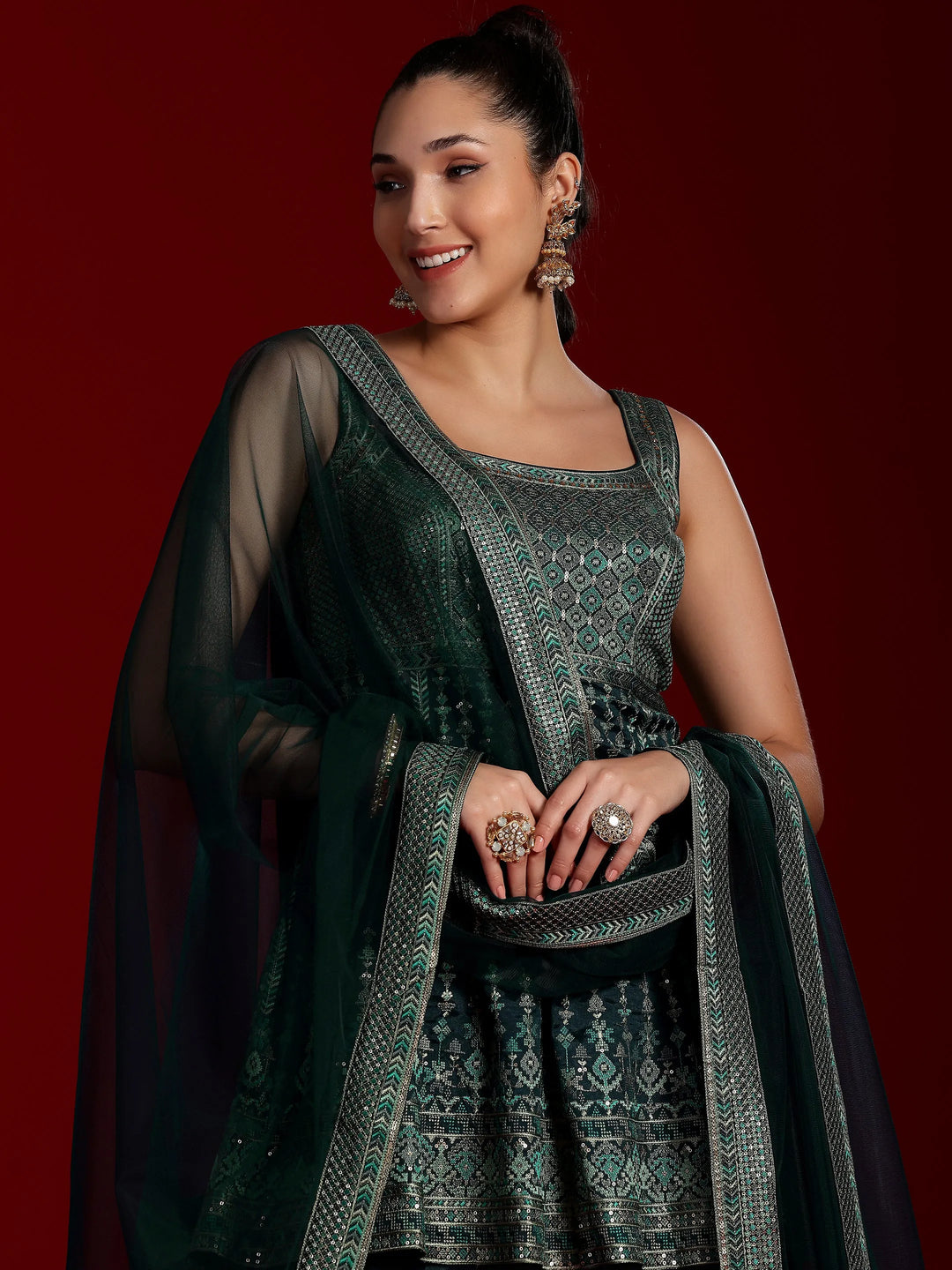 Libas Art Blue Embroidered Silk Blend A-Line Kurta With Palazzos & Dupatta 