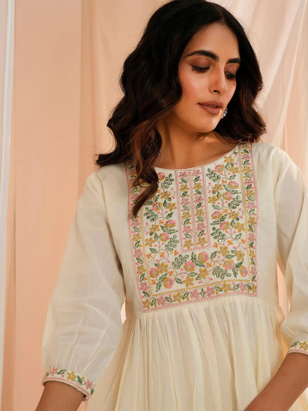 Off White Yoke Design Cotton A-Line Kurti - Libas 