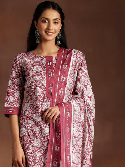 Wine Printed Cotton Straight Suit With Dupatta - Libas