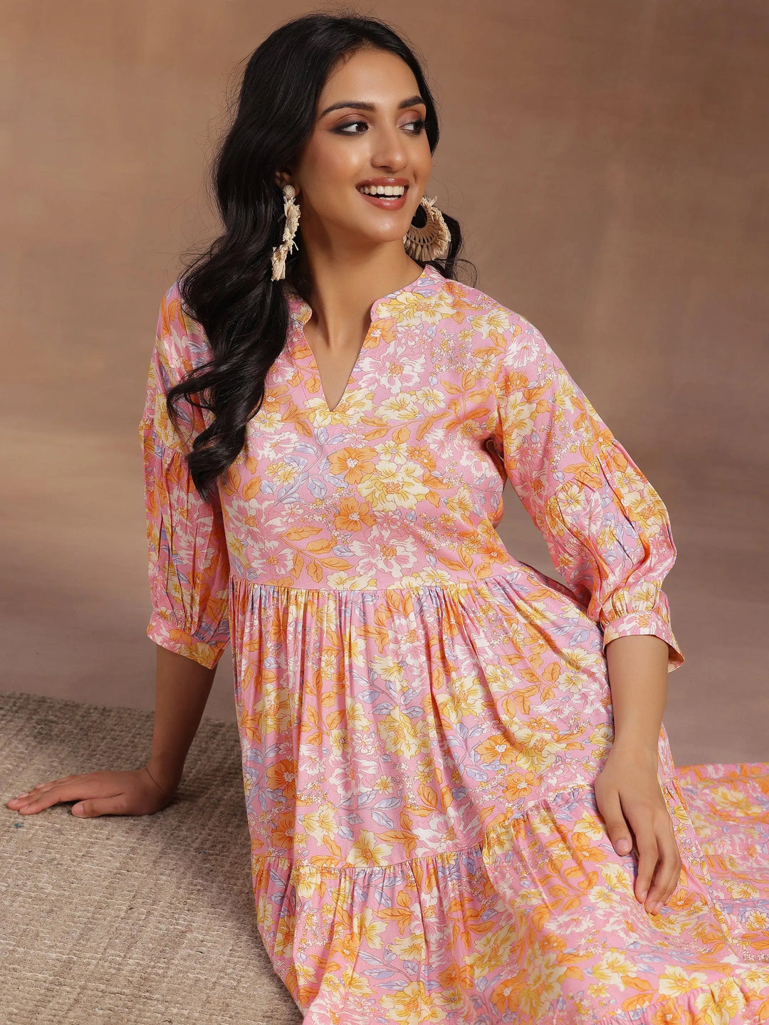 Pink Printed Rayon Fit and Flare Dress - Libas 