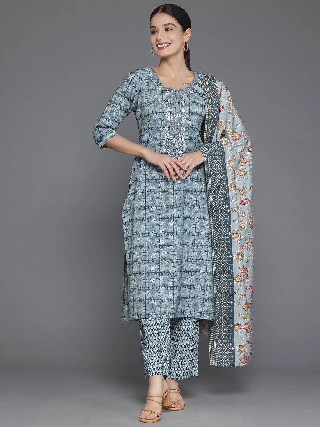 Grey Printed Silk Blend Straight Suit With Dupatta - Libas 