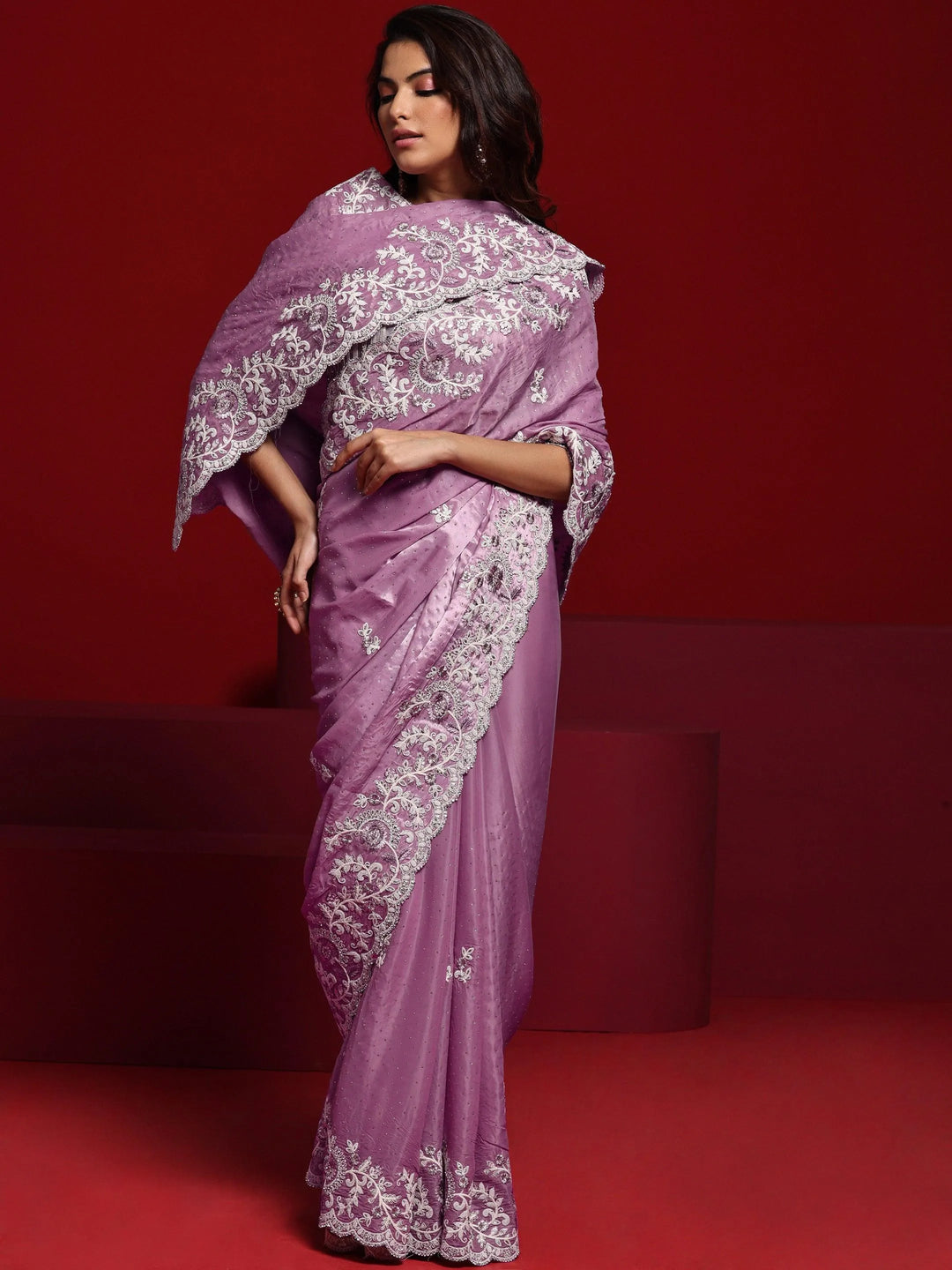 Libas Art Lavender Embroidered Tissue Saree With Unstitched Blouse Piece - Libas 