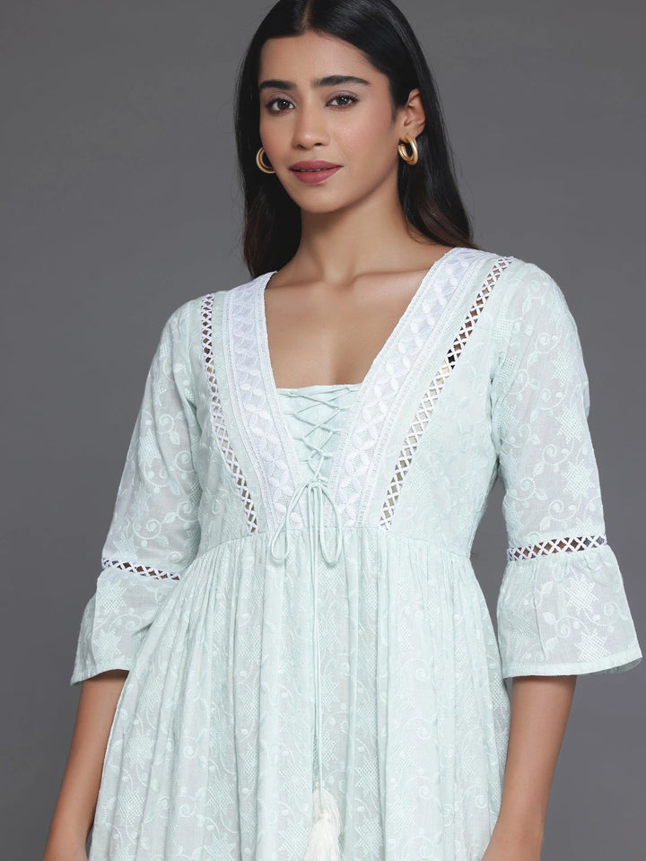 Sea Green Embroidered Cotton Fit and Flare Dress - Libas