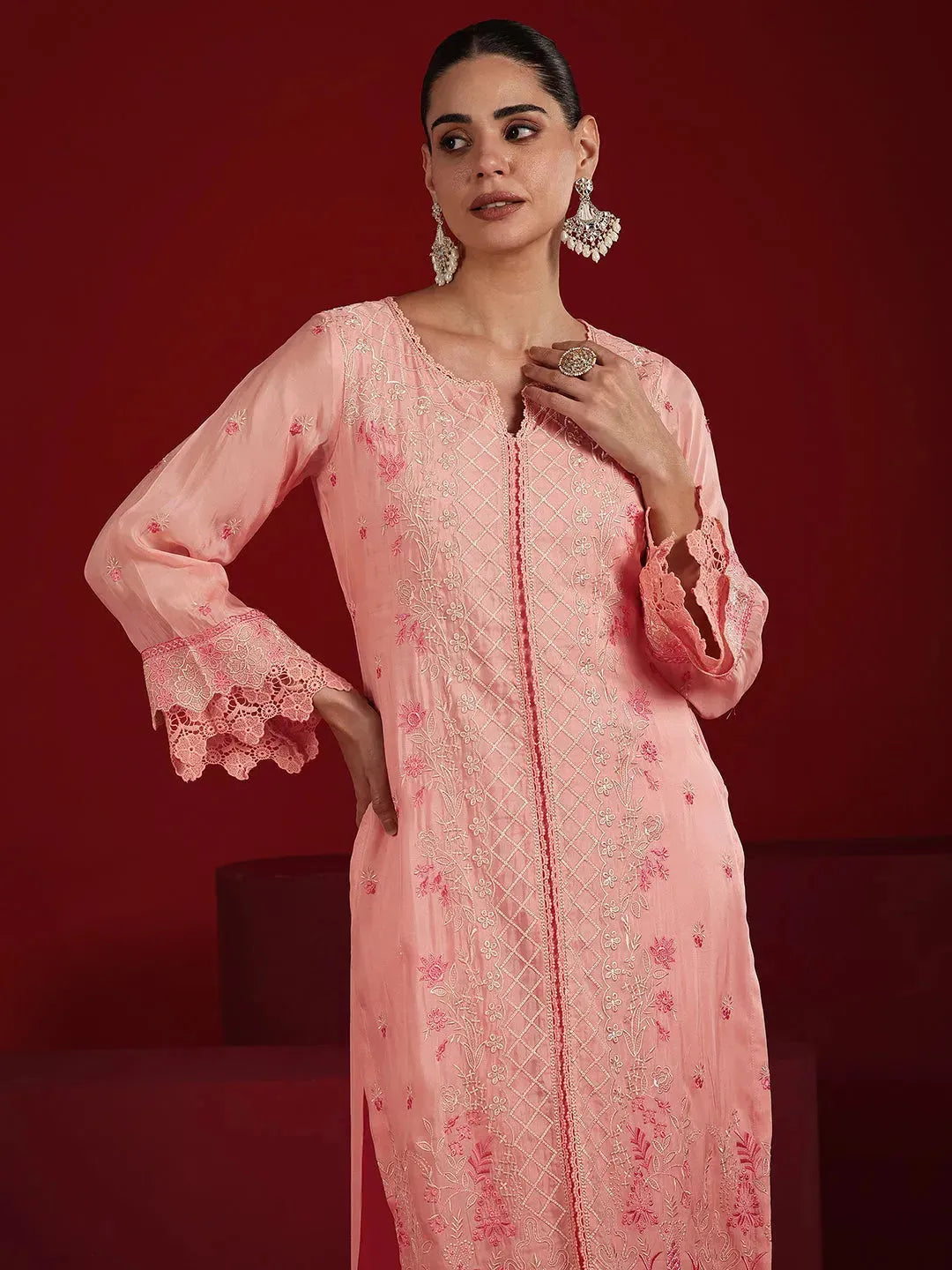  Libas Art Peach Embroidered Organza Straight Suit Set With Dupatta 