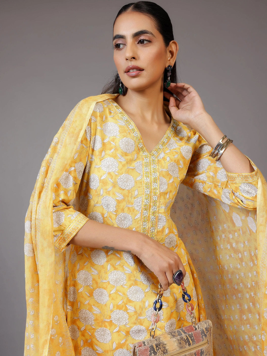 Yellow Printed Cotton Straight Suit With Dupatta - Libas