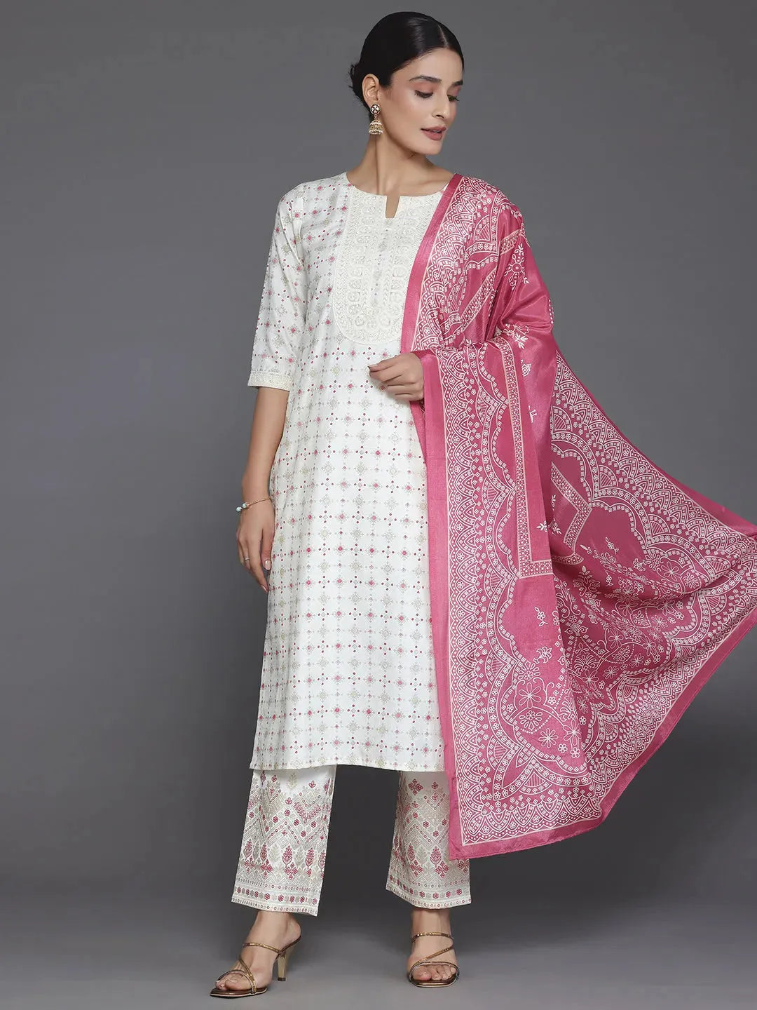  Off White Printed Silk Blend Straight Suit With Dupatta 