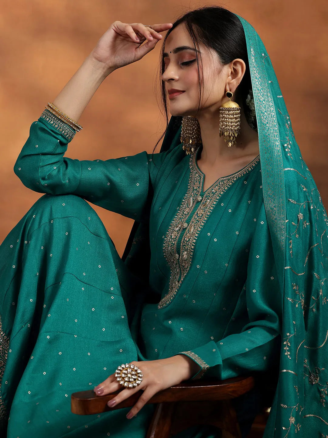  Rama Green Embroidered Silk Blend Anarkali Suit With Dupatta 