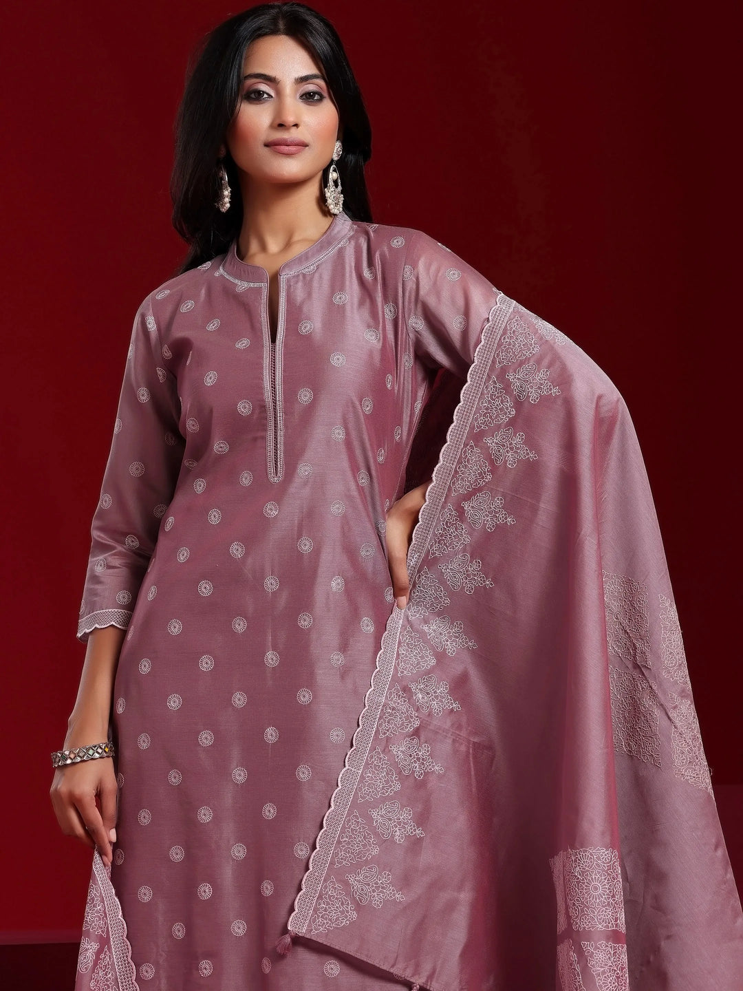  Libas Art Mauve Embroidered Chanderi Silk Straight Suit With Dupatta 
