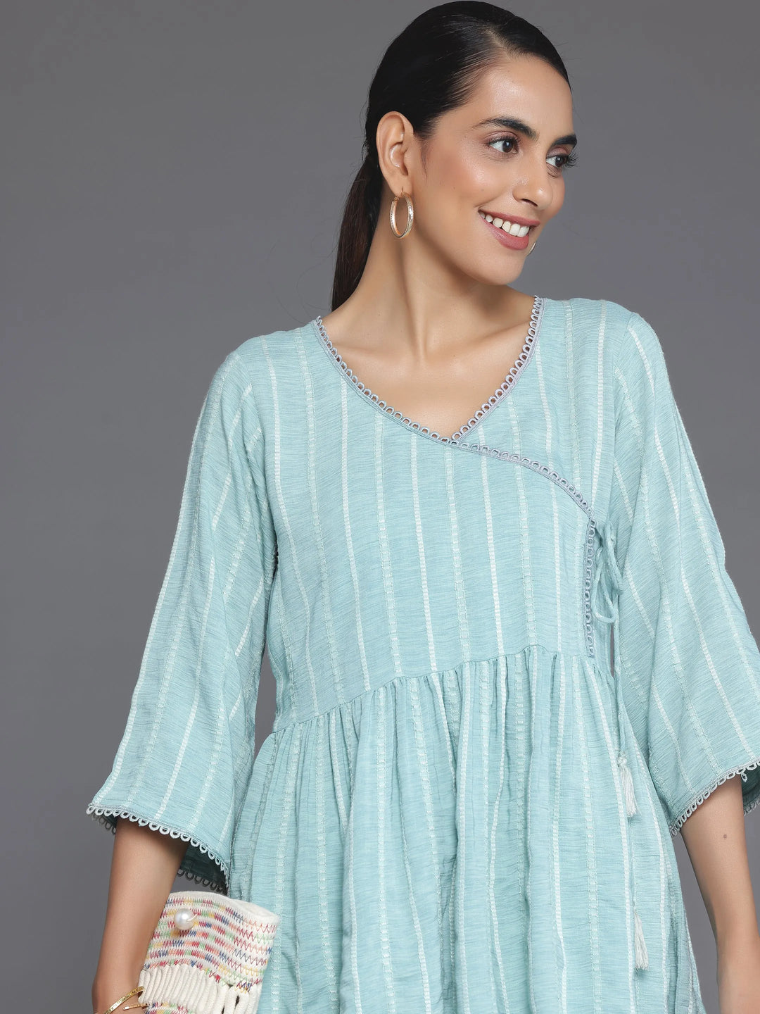  Blue Woven Design Cotton Blend A-Line Kurti 