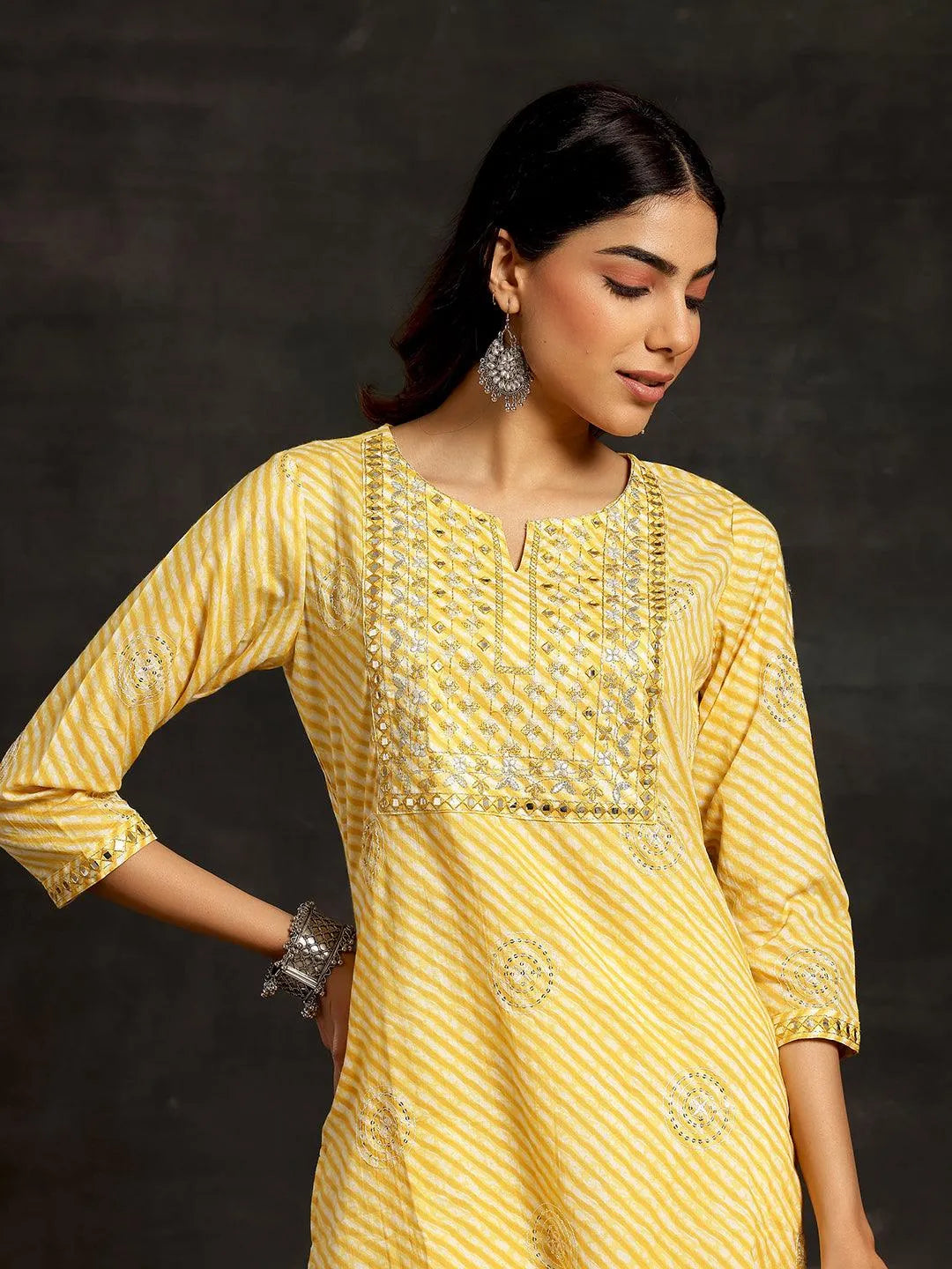 Yellow Printed Cotton Straight Kurta Set - Libas 