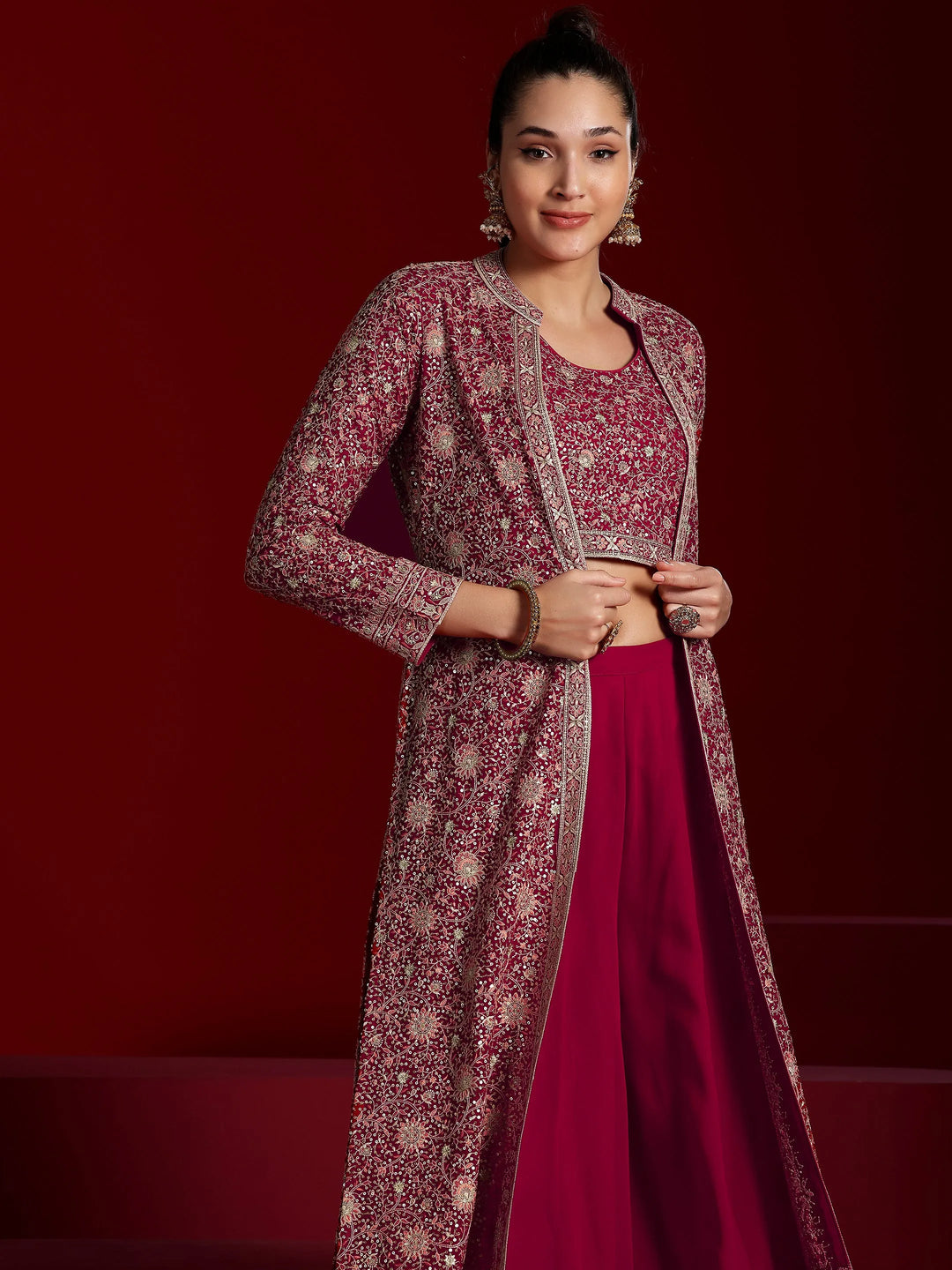  Libas Art Pink Embellished Silk Blend Co-Ords With Shrug 