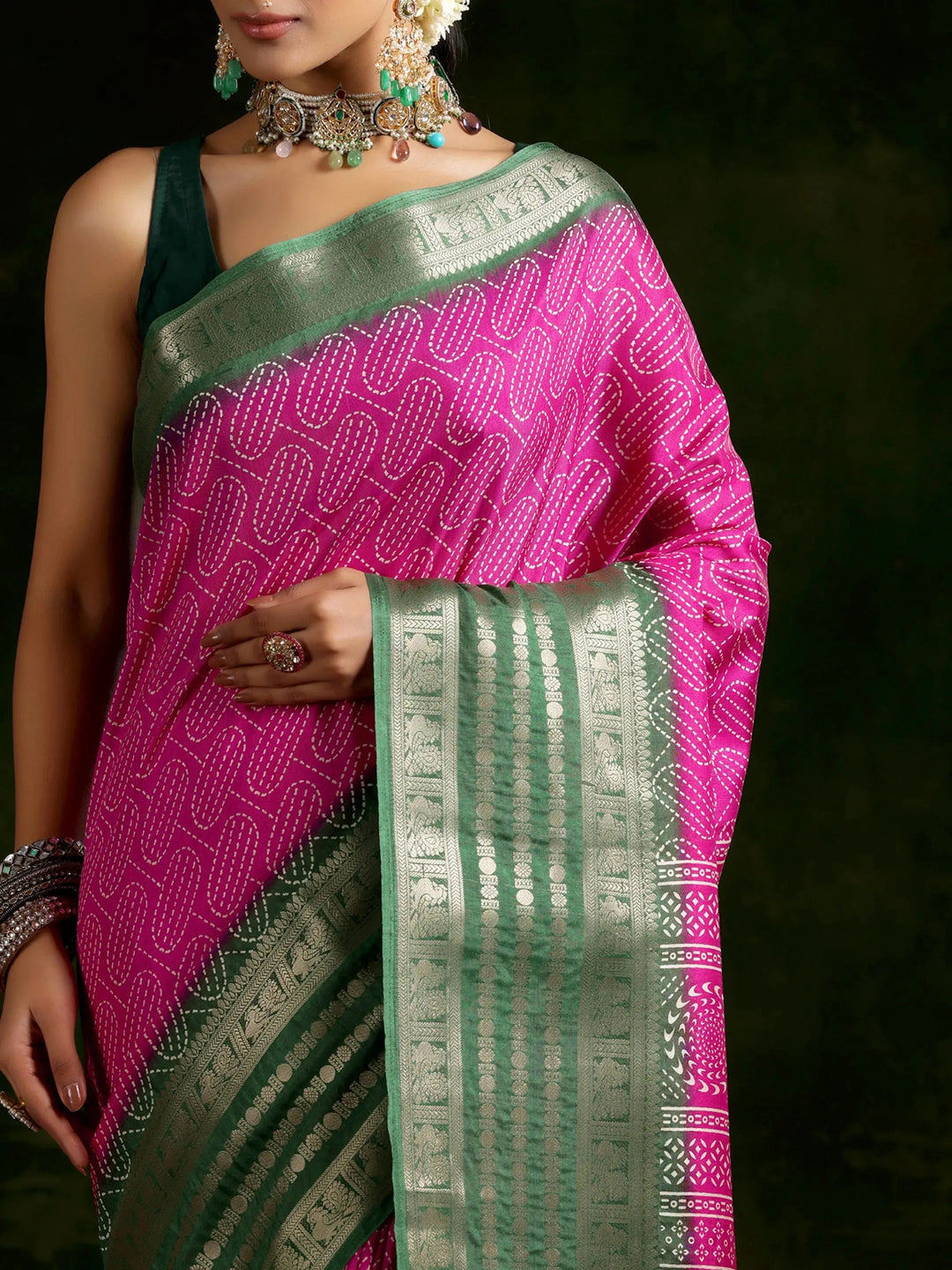  Pink Printed Silk Blend Saree With Unstitched Blouse Piece 