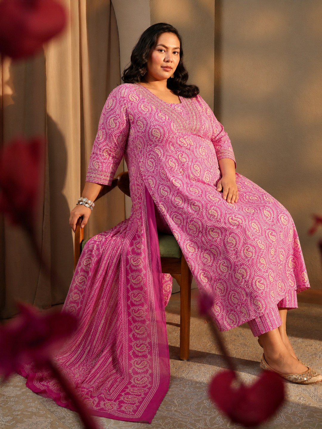  Plus Size Pink Paisley Printed Cotton A-Line Suit Set 