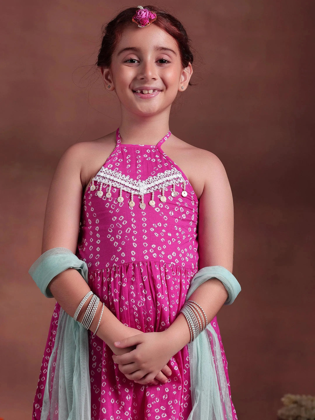  Kids Pink Printed Cotton A-Line Kurti With Palazzos & Dupatta 