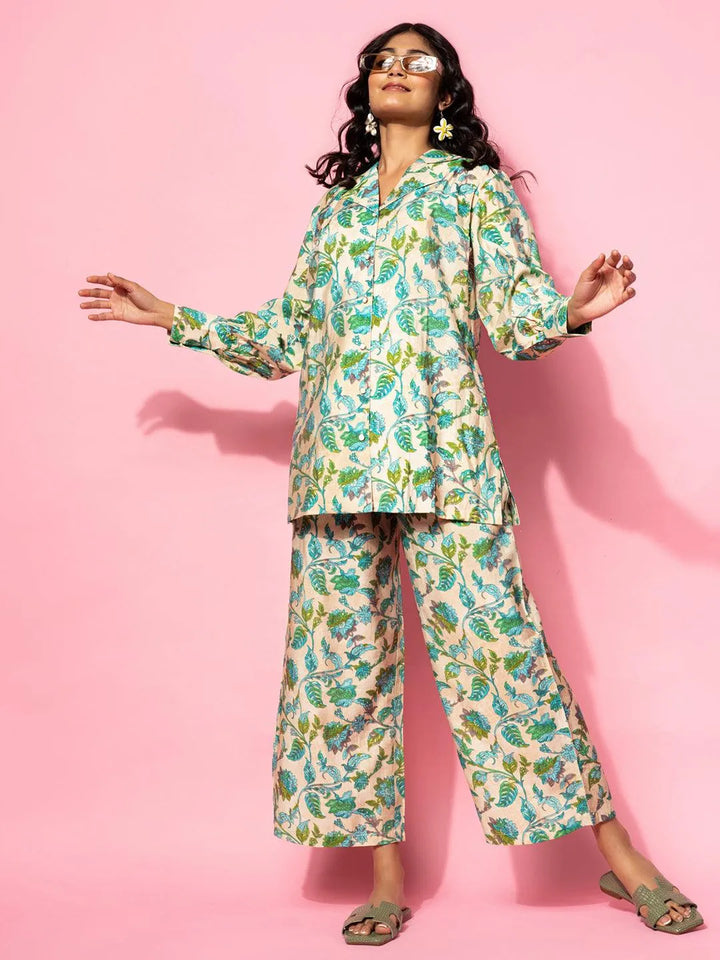 Beige Printed Silk Blend Co-Ords - Libas
