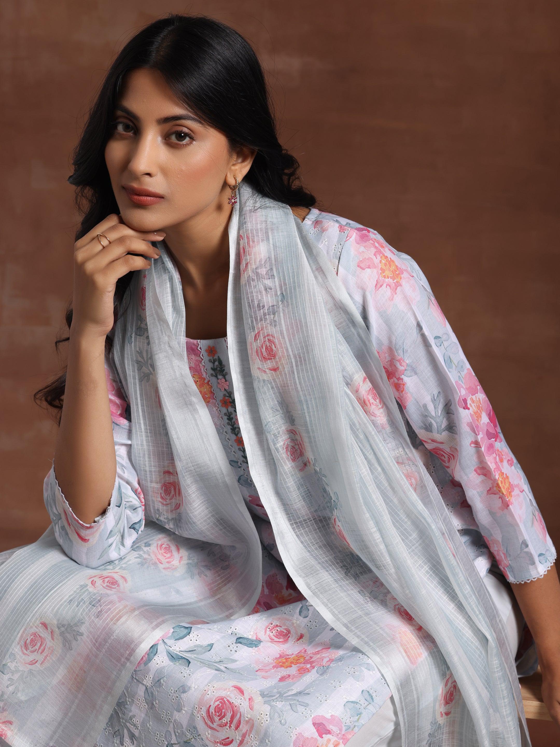 Grey Printed Cotton Blend Straight Suit With Dupatta