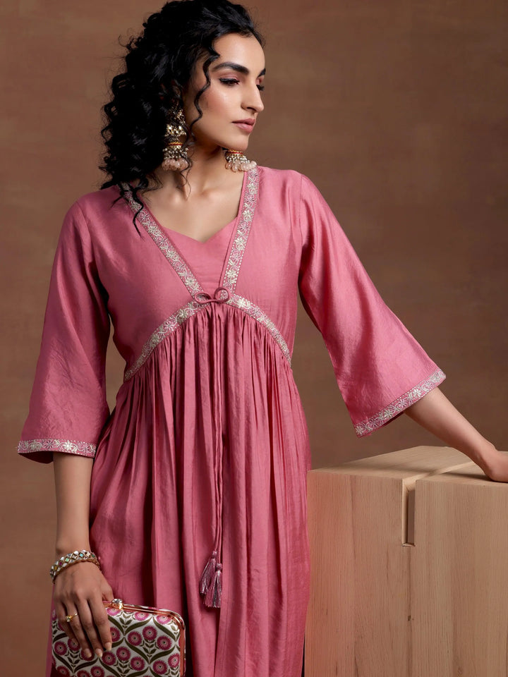 Peach Solid Silk Blend A-Line Kurta With Trousers - Libas