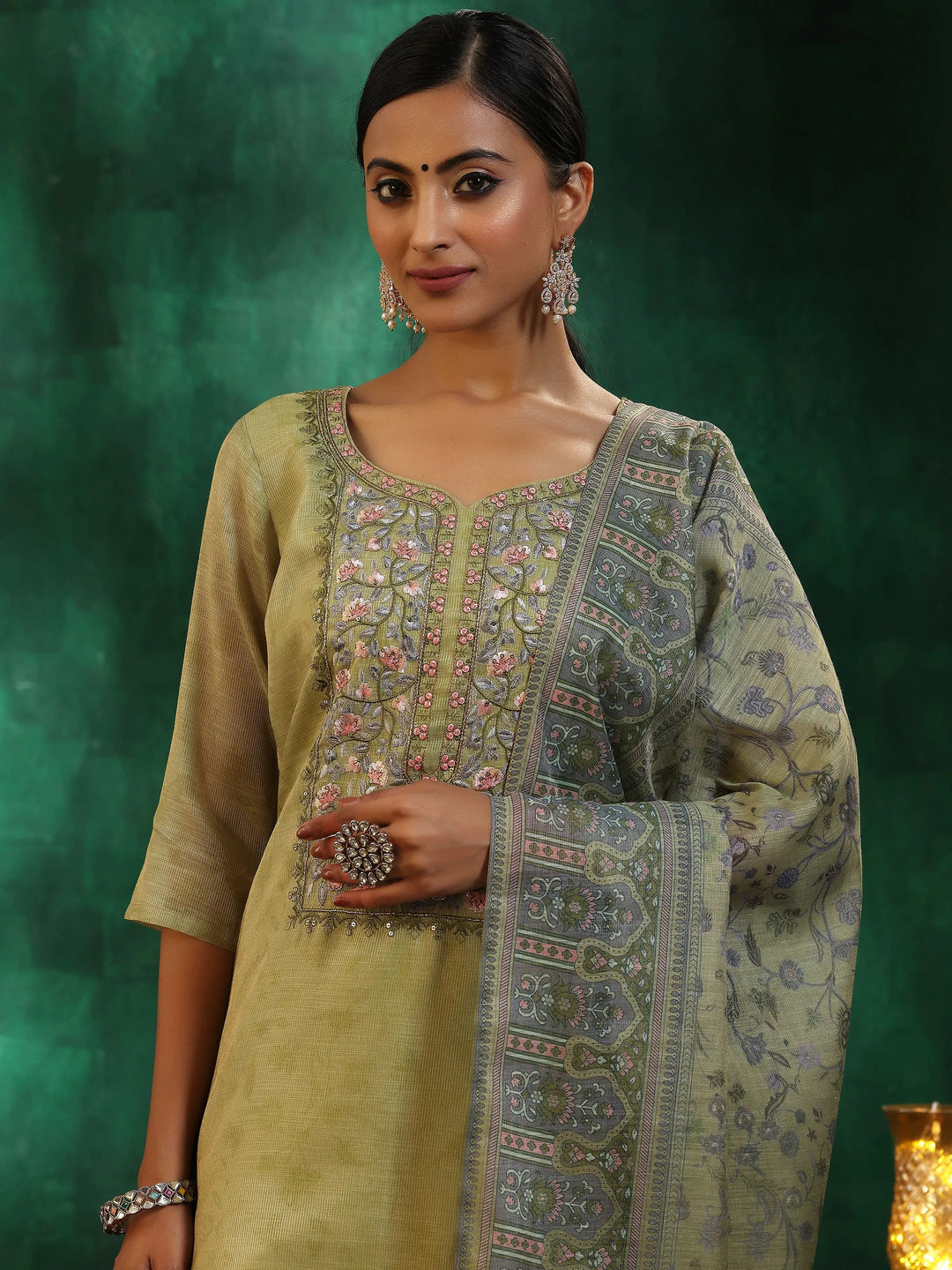  Green Yoke Design Silk Blend Straight Suit With Dupatta 