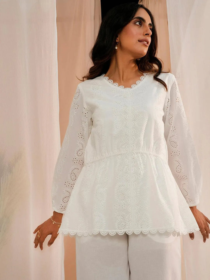 White Cotton A-Line Kurti - Libas