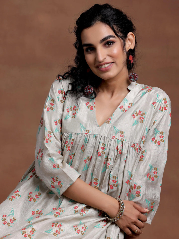 Grey Printed Silk Blend A-Line Kurta With Trousers - Libas