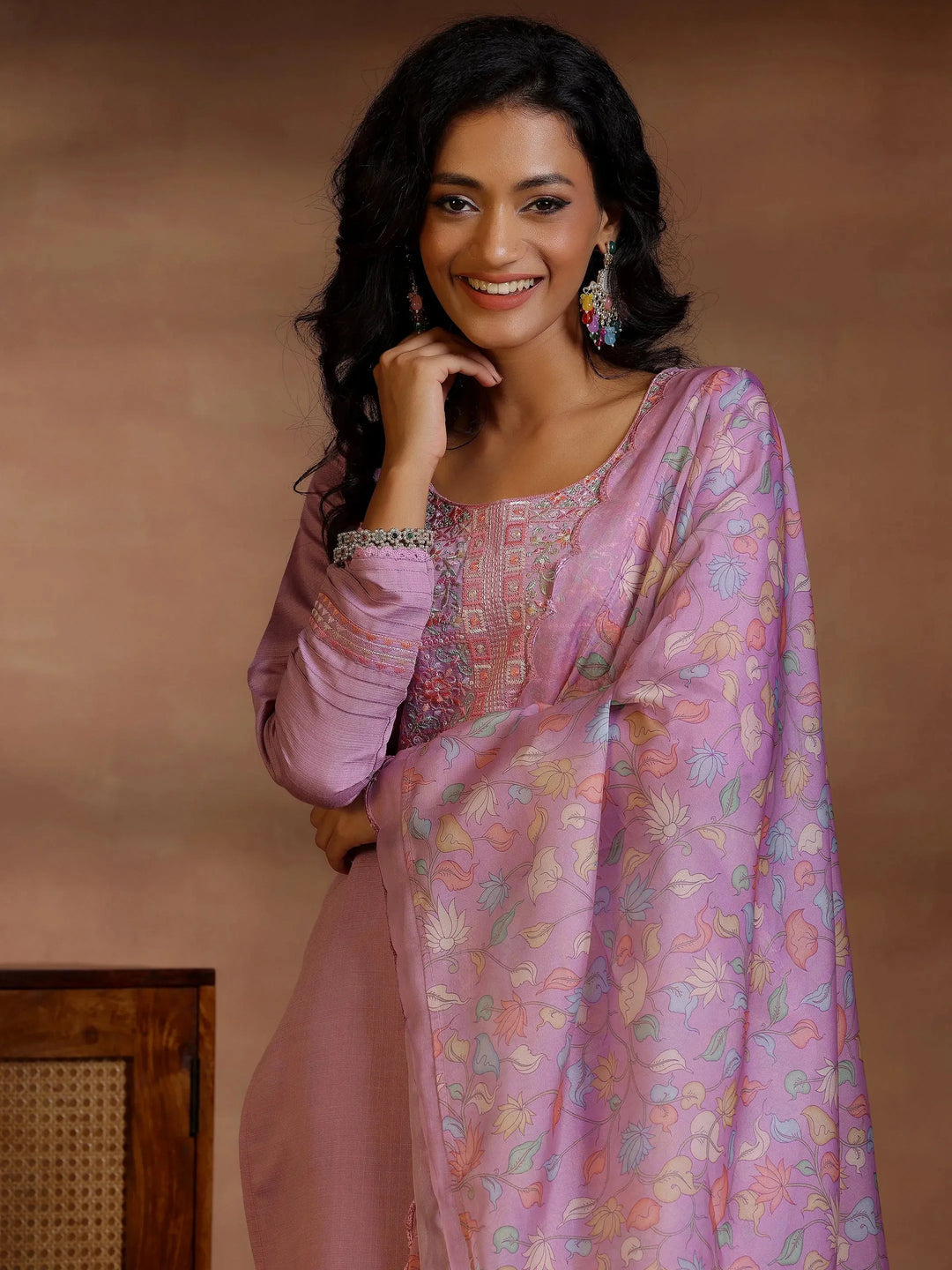  Lavender Yoke Design Silk Blend Straight Suits With Dupatta 