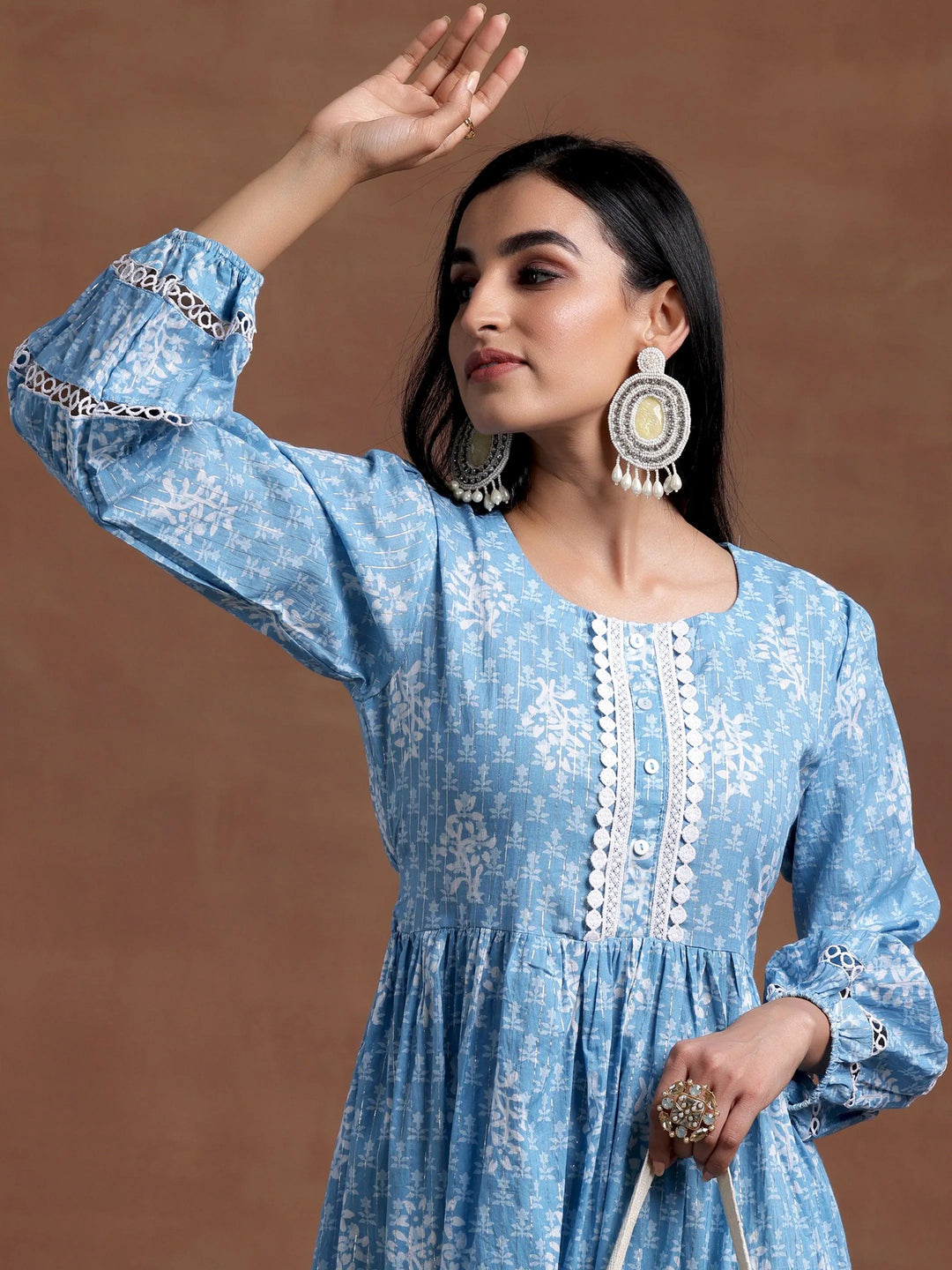 Blue Printed Cotton Fit and Flare Dress - Libas