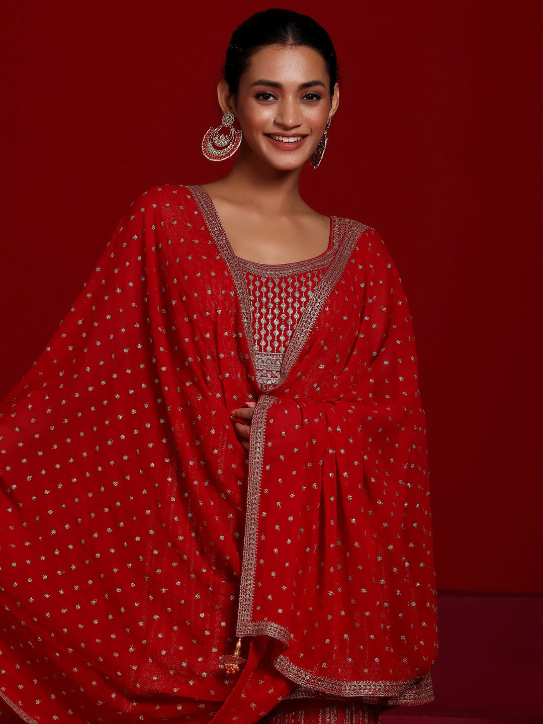  Libas Art Red Embroidered Georgette Anarkali Suit With Dupatta 