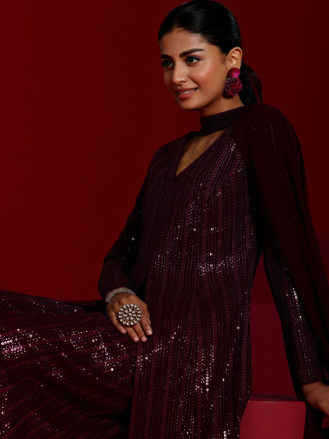  Libas Art Wine Embroidered Georgette A-Line Kurta With Palazzos & Dupatta 