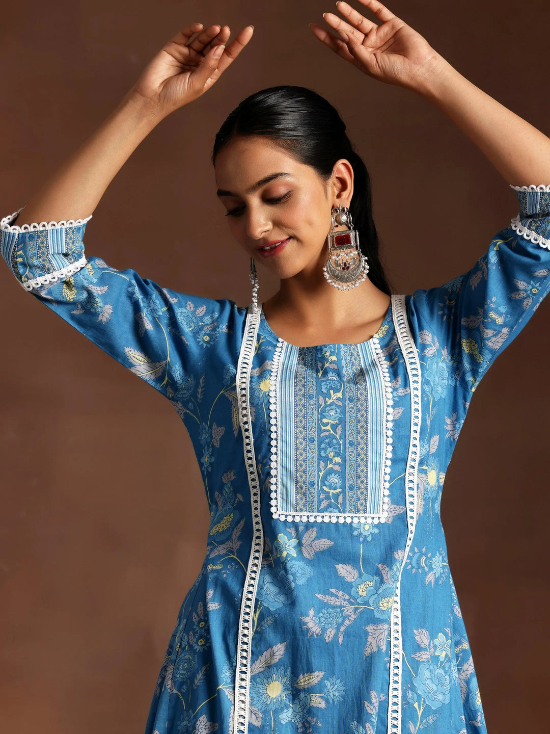 Blue Printed Cotton A-Line Kurta With Palazzos - Libas