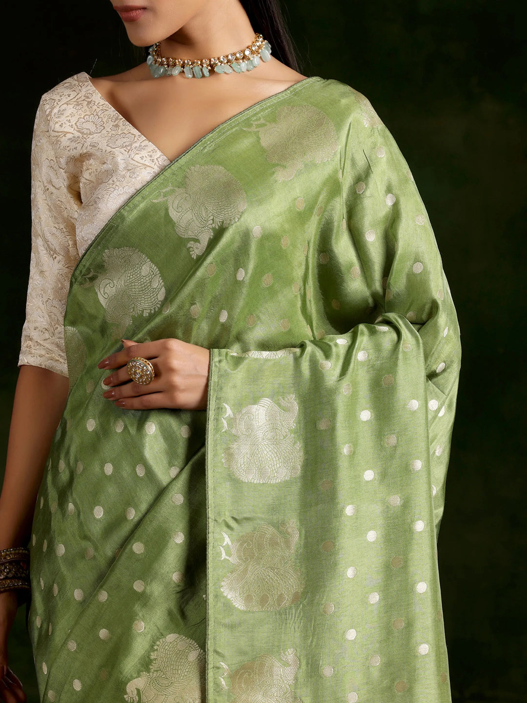  Green Woven Design Silk Blend Saree With Unstitched Blouse Piece 