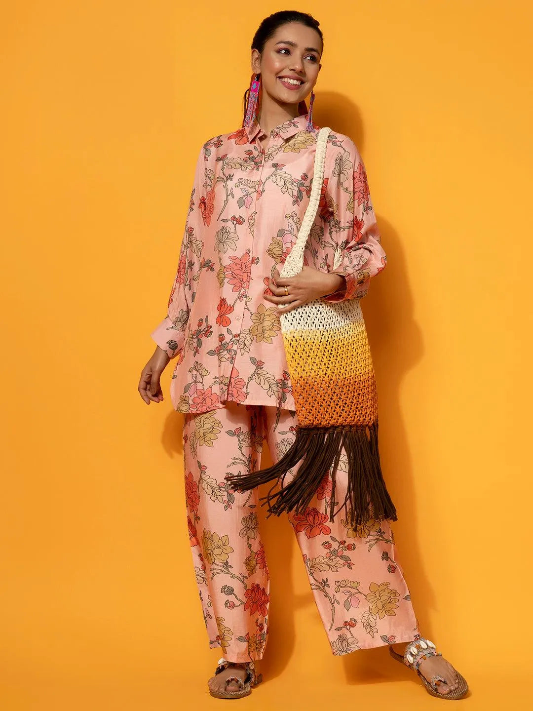 libas Peach Printed Silk Blend Co-Ords-picture-12
