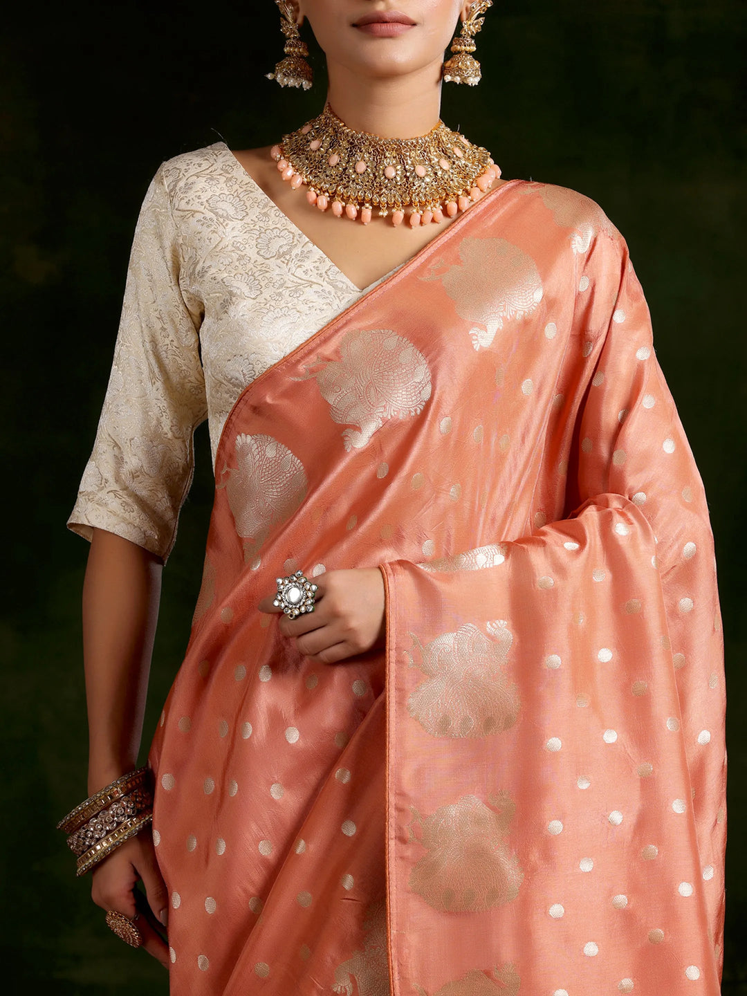  Peach Woven Design Silk Blend Saree With Unstitched Blouse Piece 