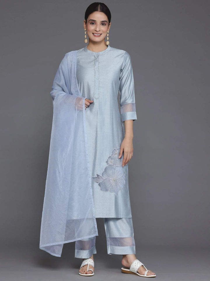 Grey Solid Silk Blend Straight Suit With Dupatta - Libas